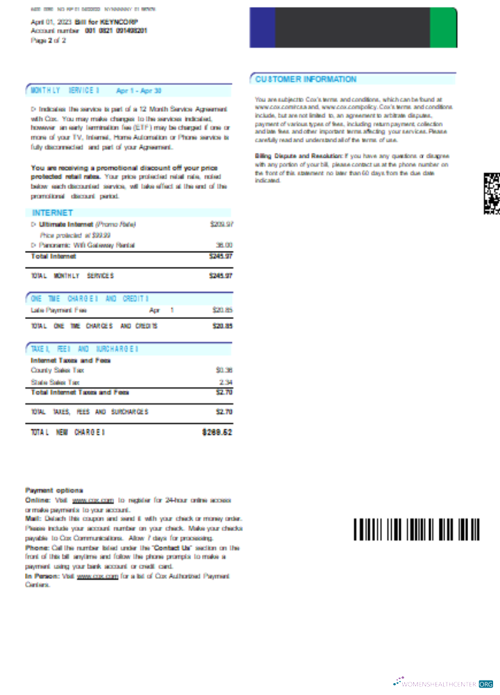 Download COX digital cable television utility business bill, page 2, SCR Photoshop template